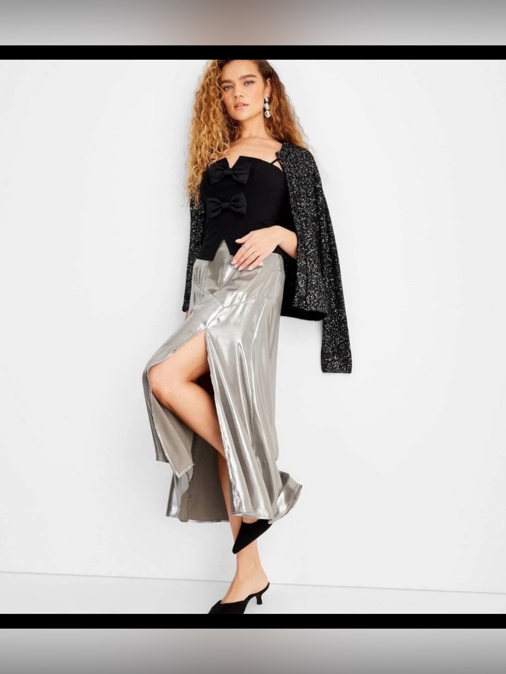 Future Collective Women's Flowy Satin Midi Skirt Cocktail Metallic Silver Size L